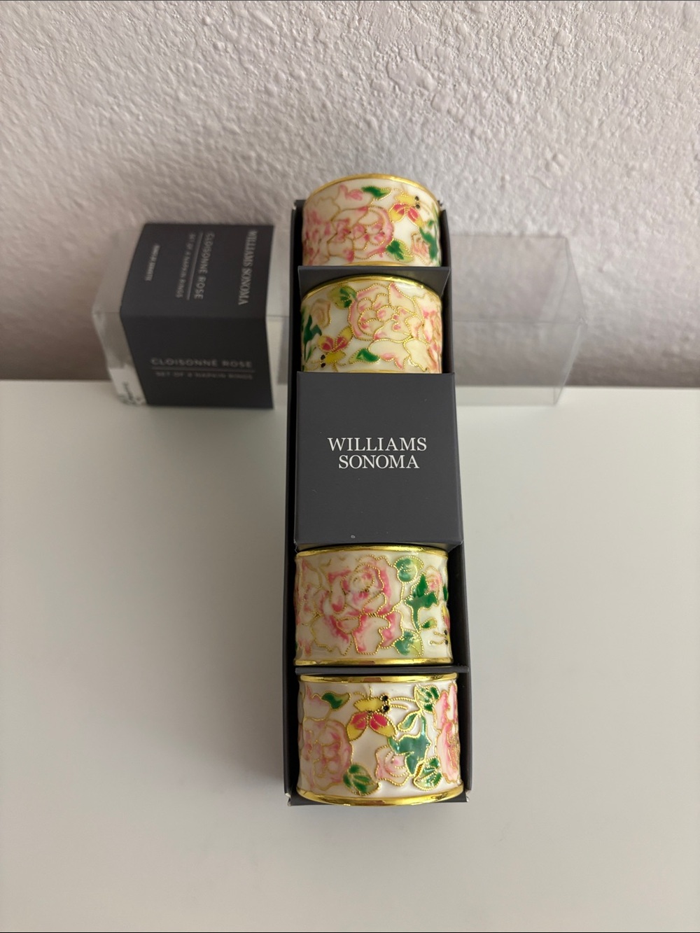 Williams Sonoma Cream, Pink & Green Floral Napkin Rings — Set of 4